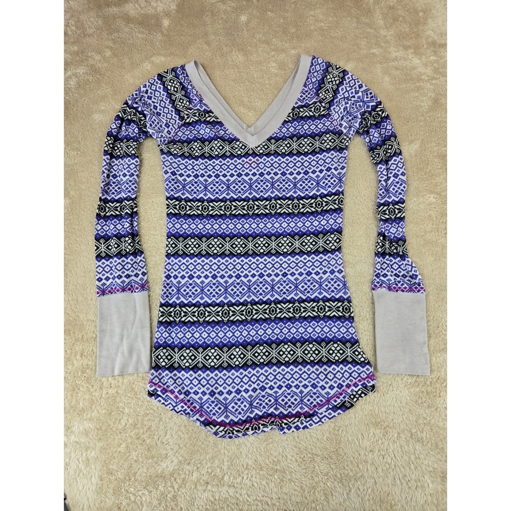 Free People Purple Geometric Fair Isle Long Sleeve Thermal Top V-Neck Large